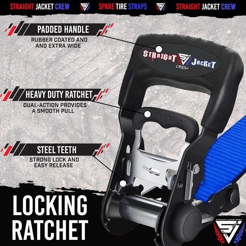 Straight Jacket Crew Y Strap for Spare Tire - Heavy Duty Spare Tire Strap for UTV, Offroad Accessories & Roof Rack, 3 Way Ratchet Strap Tie Down- 1.6" Wide, Can Secure Up to 40" Tire by (Blue) - Image 2